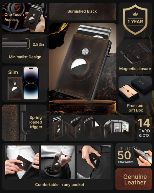 Typecase Mens Wallet Card Holder for Tracker: Leather Smart Wallet for Men Compatible with Apple Tracker, RFID Blocking, Slim, Minimalist - 9-14 Card Capacity | ID Window | Cash Slot
